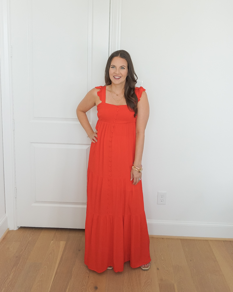 4th of july outfit idea | red ruffle strap maxi dress | wedge sandals | Texas Fashion Blog Lady in Violet