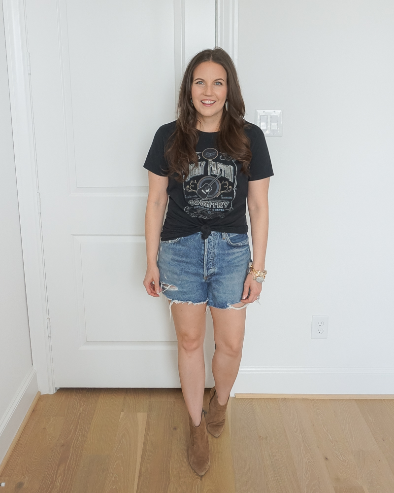 summer outfit | black graphic tshirt | cutoff denim shorts | Petite Fashion Blog Lady in Violet