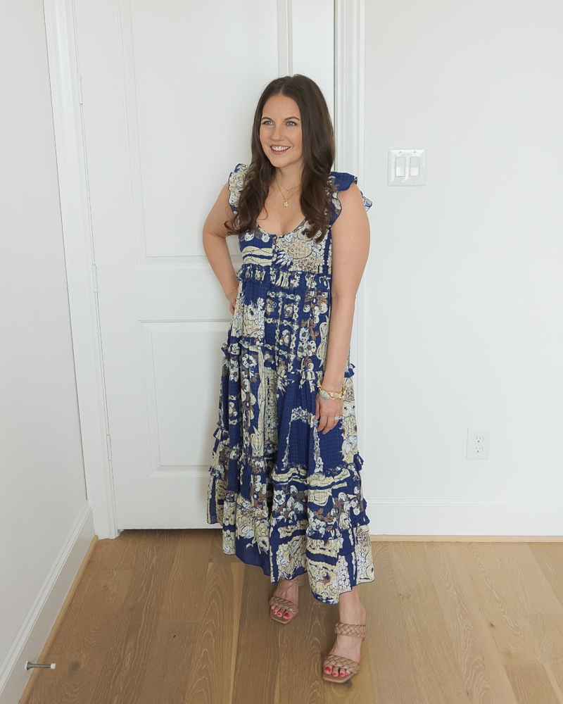 summer style | blue printed maxi dress | braided sandals | Everyday Fashion Blog Lady in Violet