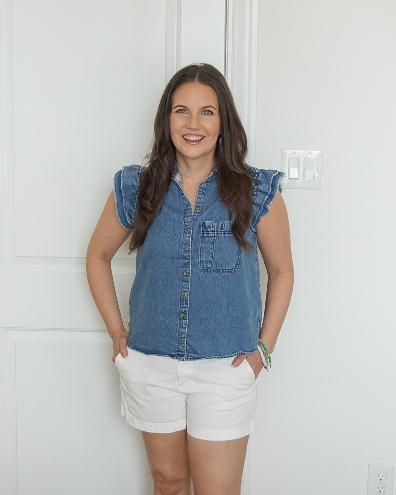 anthropologie pilcro ruffle buttondown shirt | white old navy shorts | Texas Fashion Blogger Lady in Violet