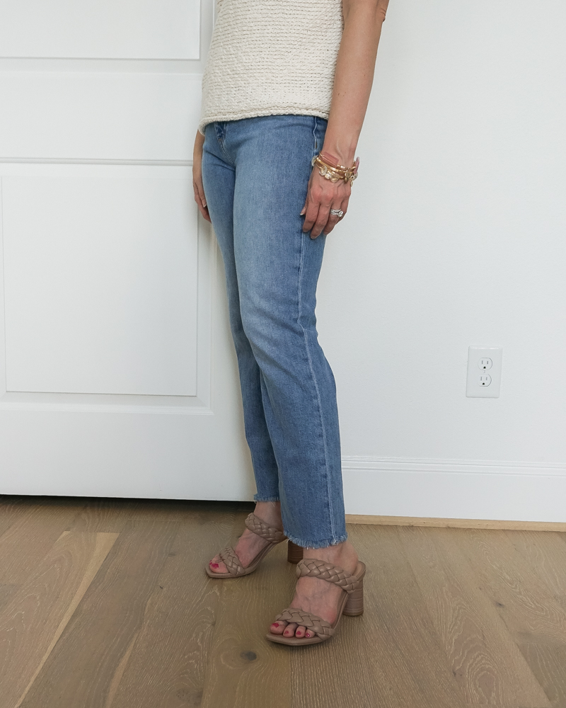 frayed hem ankle jeans | target basil heels | Petite Fashion Blog Lady in Violet