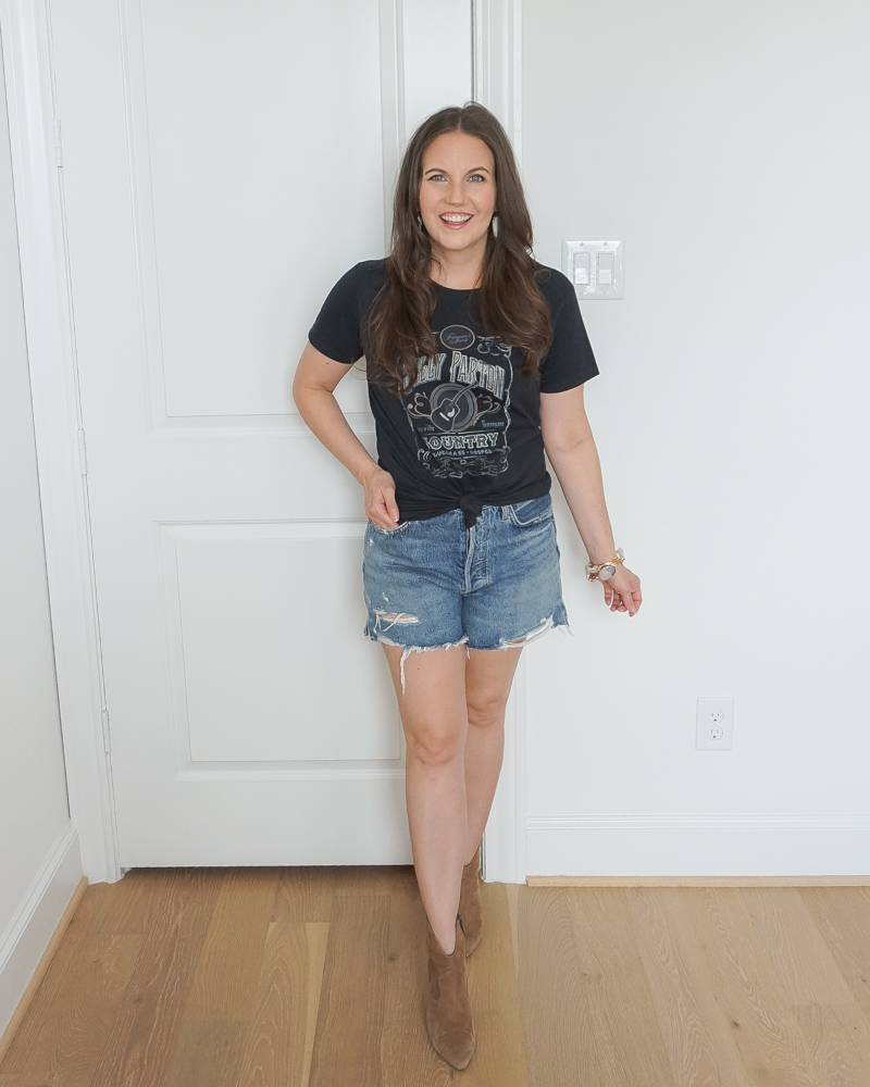 rodeo outfit | dolly parton shirt | jean shorts | Everyday Fashion Blogger Lady in Violet