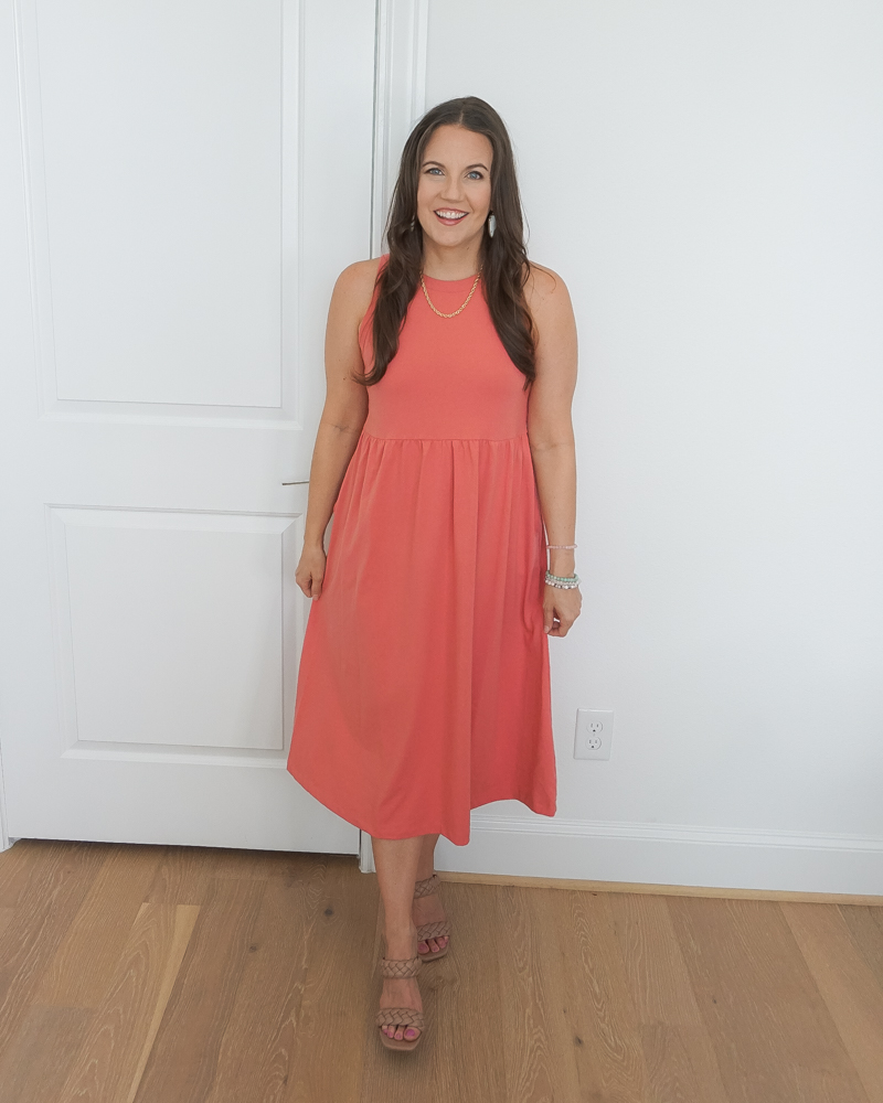 summer outfit | coral pink midi dress | target basil sandals | Petite Fashion Blog Lady in Violet