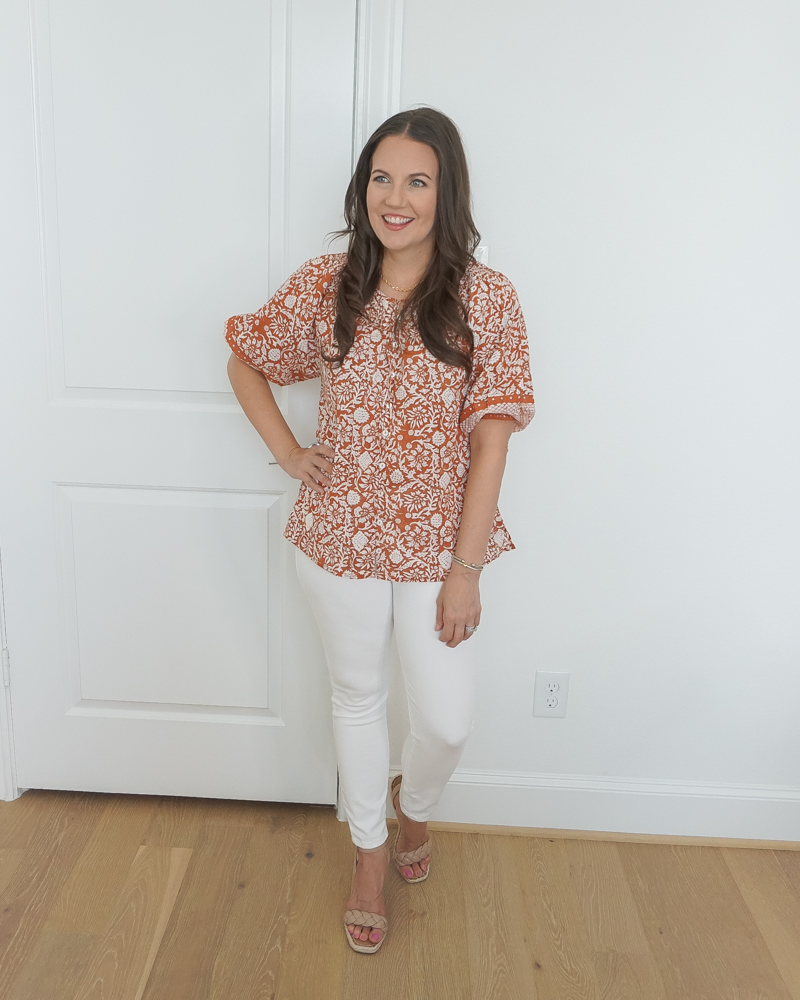 summer outfit | burnt orange print top | tan wedge sandals | Texas Fashion Blog Lady in Violet