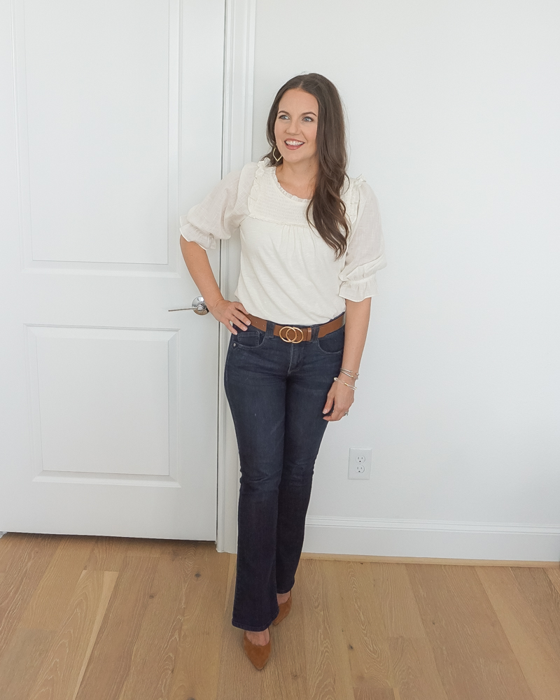 summer work outfit | ivory smocked top | bootcut jeans | Petite Fashion Blogger Lady in Violet