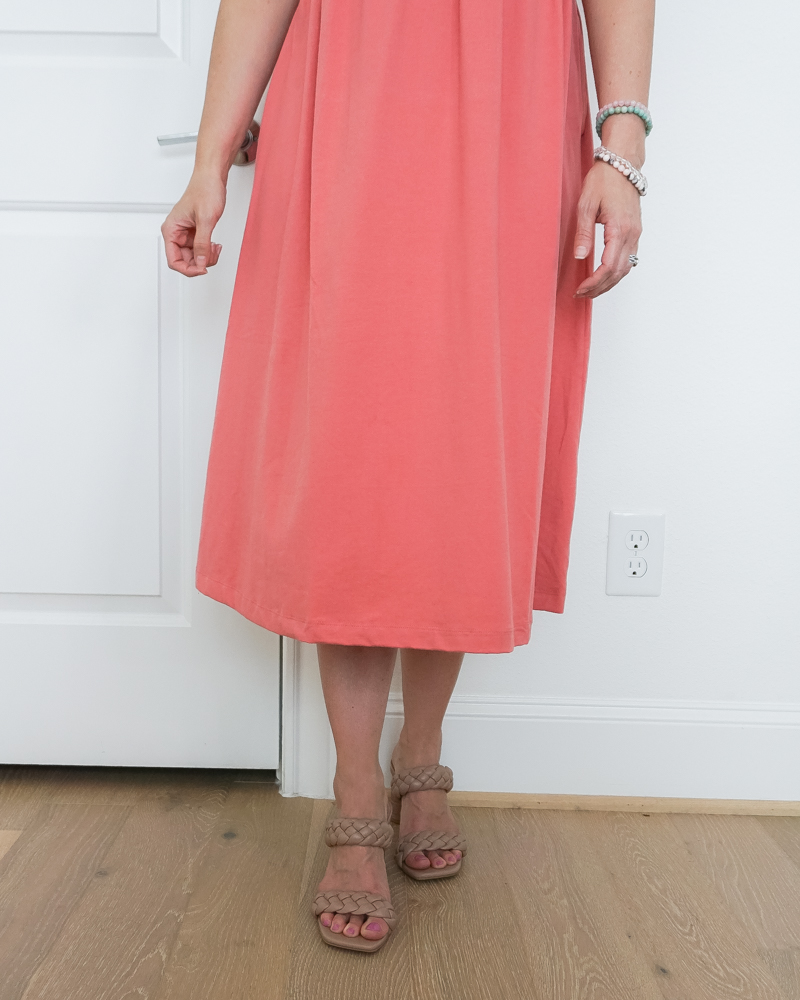 summer style |coral pink long dress | tan sandals | Over age 30 fashion blog Lady in Violet
