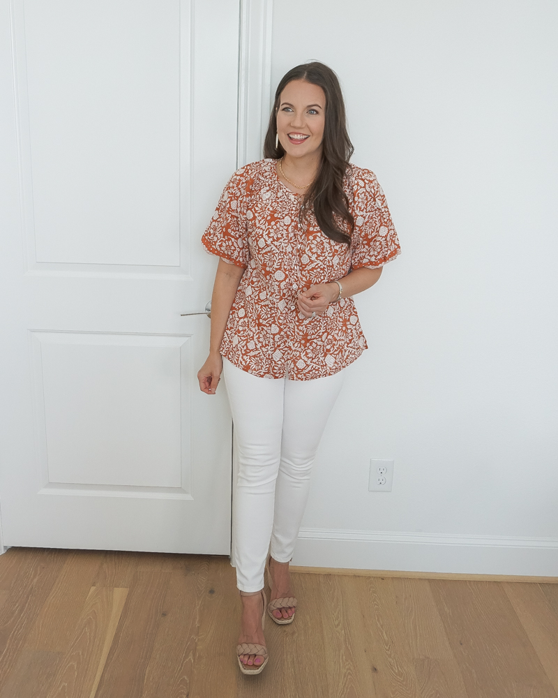 summer outfit | printed short sleeve blouse | dl1961 white instasculpt jeans | Top US Fashion Blog Lady in Violet