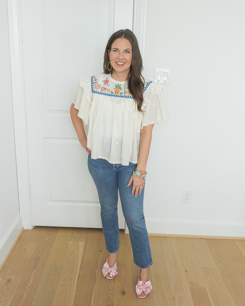 spring fashion | white embroidered top | blue ankle jeans | Everyday Fashion Blog Lady in Violet
