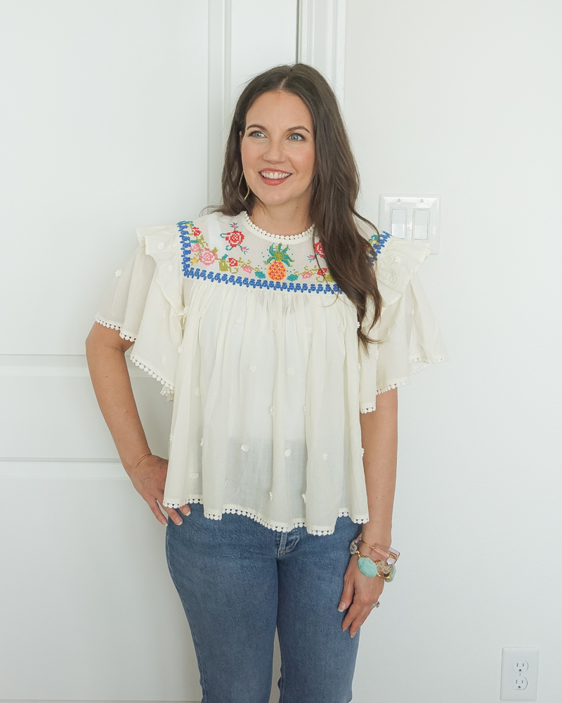 summer outfit | farm rio embroidered top | bourbon and boweties bangles | Everyday Fashion Blogger Lady in Violet