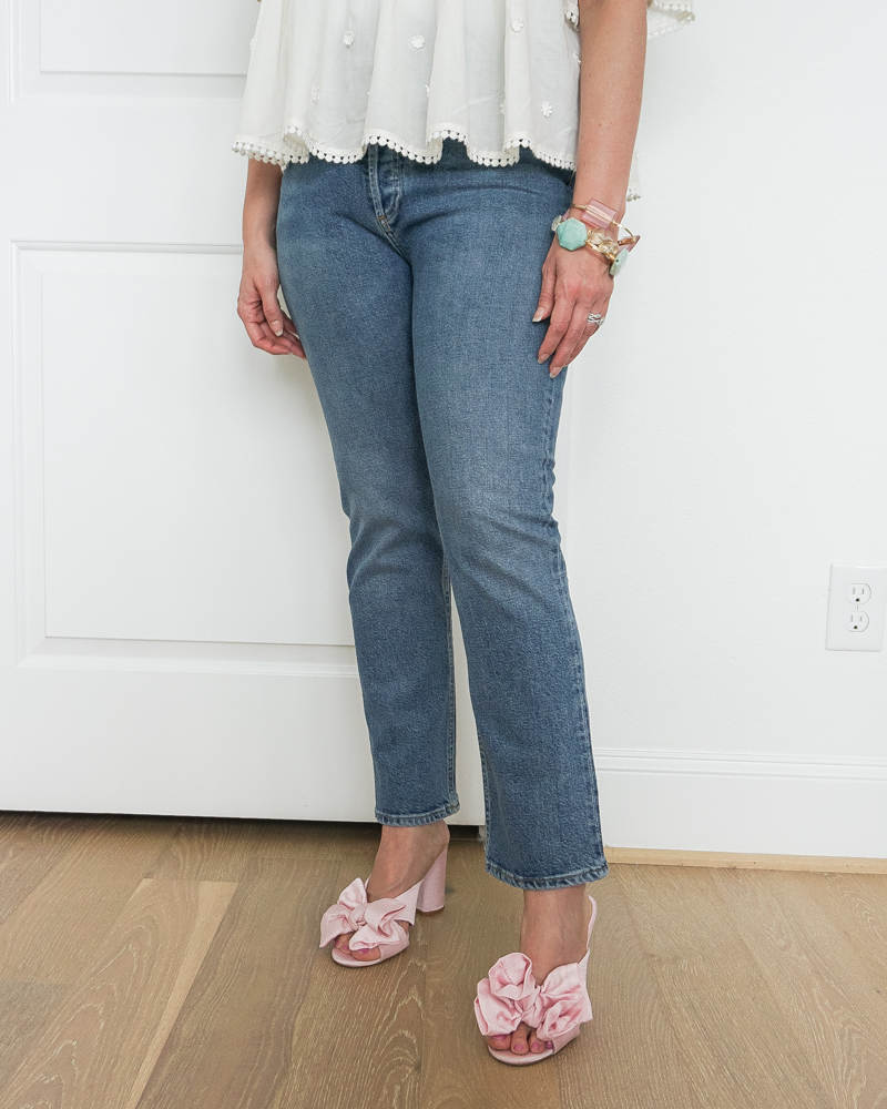gianni bini keily bow block heel sandals | agolde riley jeans | top us fashion blog lady in violet