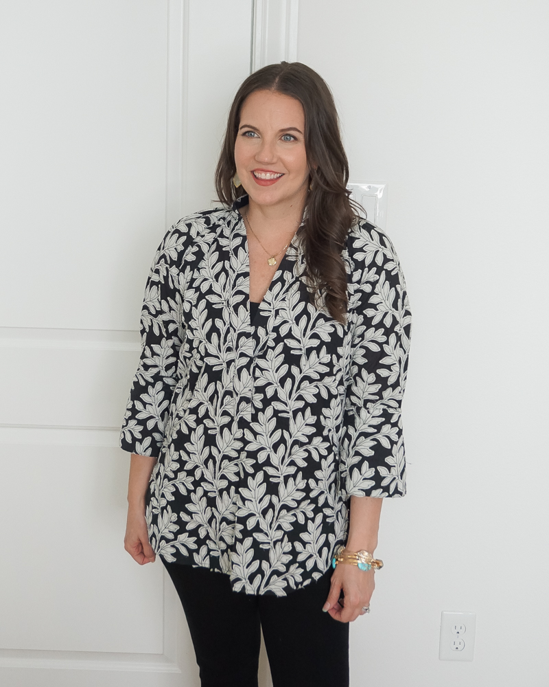 fall outfit | black white tunic shirt | stone bangles | Texas Fashion Blog Lady in Violet