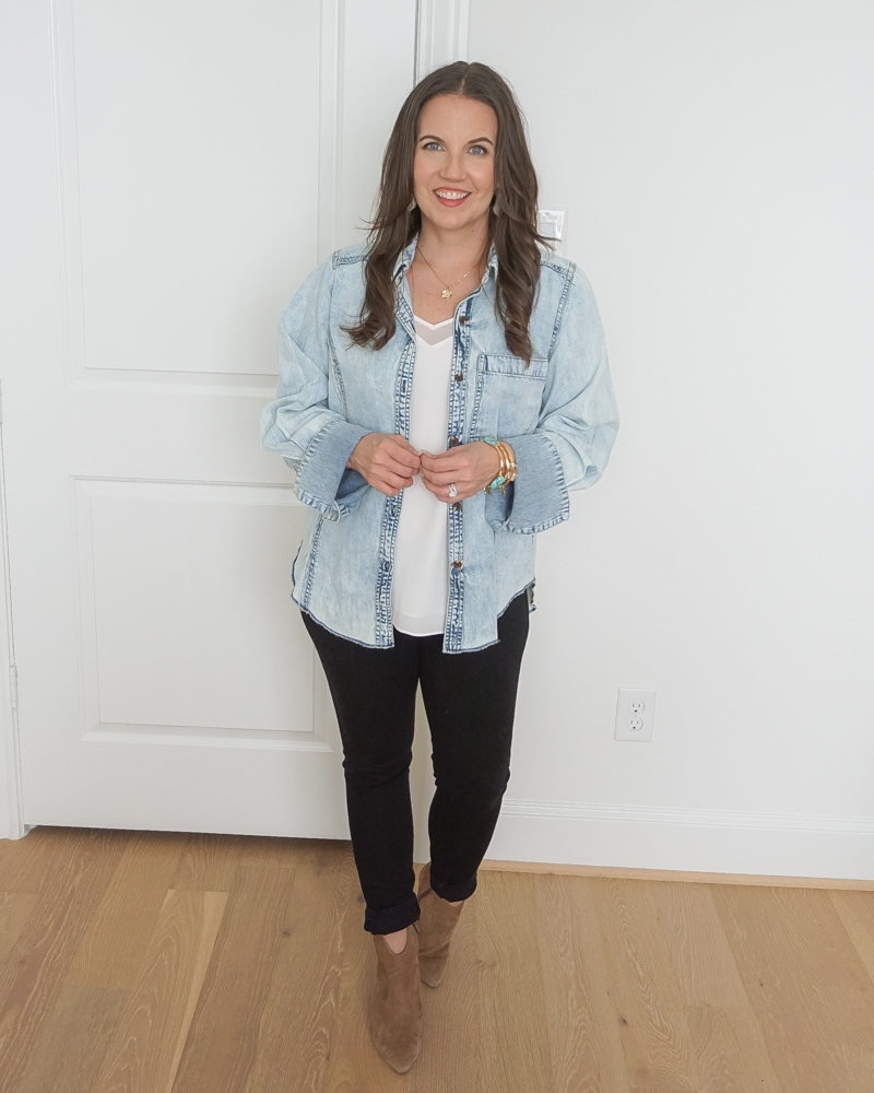 Light denim shirt on sale with black jeans