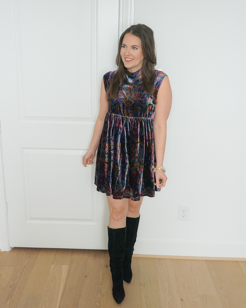 fall fashion | sleeveless velvet dress | black boots with heel | Petite Fashion Blogger Lady in Violet