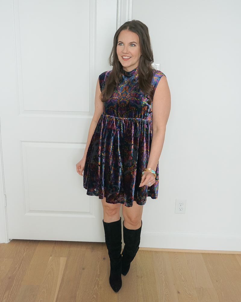 thankgiving outfit | dark floral print dress | black boots | Everyday Fashion Blog lady in Violet