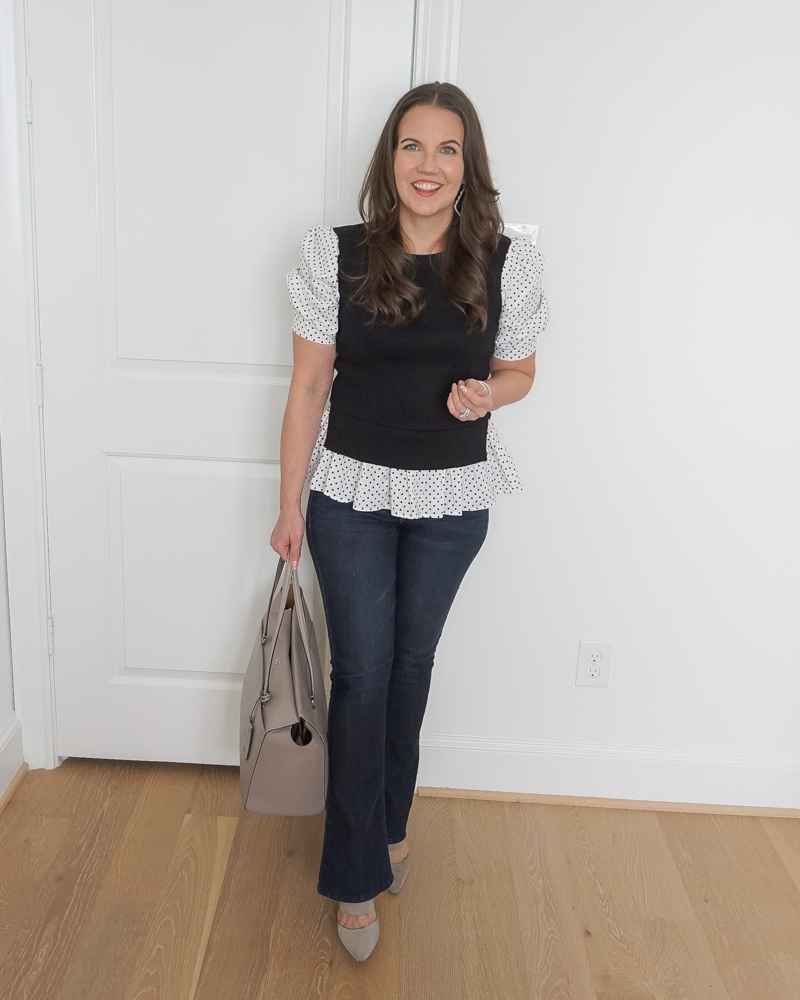fall outfits | black white blouse | flared jeans | Texas Fashion Blog Lady in Violet