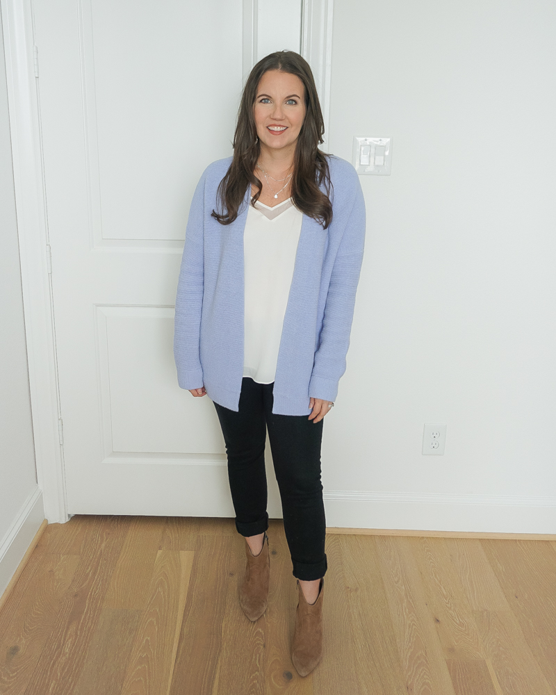 winter outfit | light blue cardigan | white cami top | Petite Fashion Blogger Lady in Violet