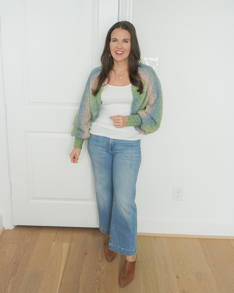 fall outfit | rainbow shrug cardigan | flared jeans | Texas Fashion Blogger Lady in Violet