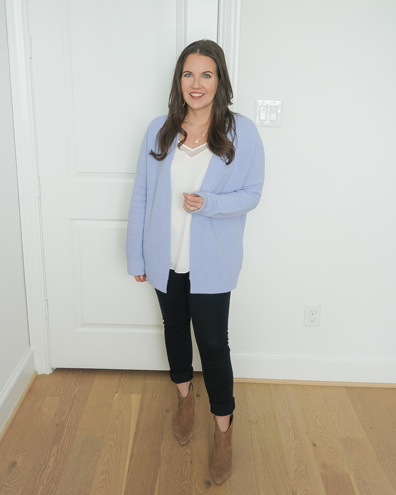 winter outfit | light blue draped cardigan | black jeans | Texas Fashion Blogger Lady in Violet
