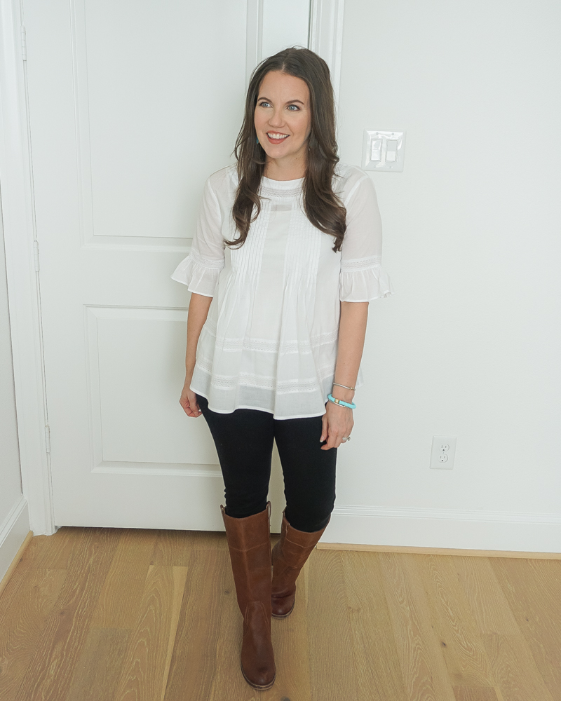 thanksgiving outfit | white short sleeve top | black jeans | brown boots | Petite Fashion Blog Lady in Violet