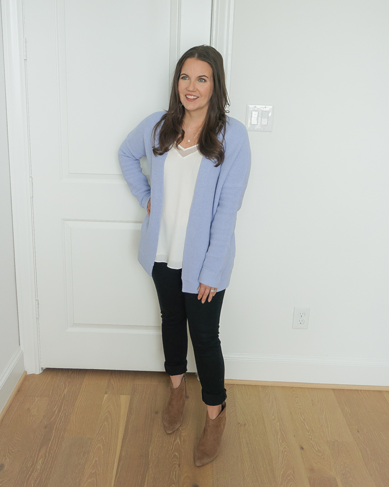 winter outfit | blue cardigan sweater | black jeans | Petite Fashion Blogger Lady in Violet