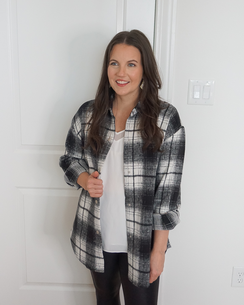 winter outfit | black plaid shacket jacket layered over white cami | Houston Fashion Blogger Lady in Violet