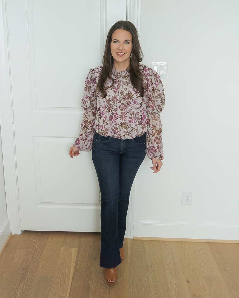 fall fashion | white floral print top | Petite Fashion Blog Lady in Violet