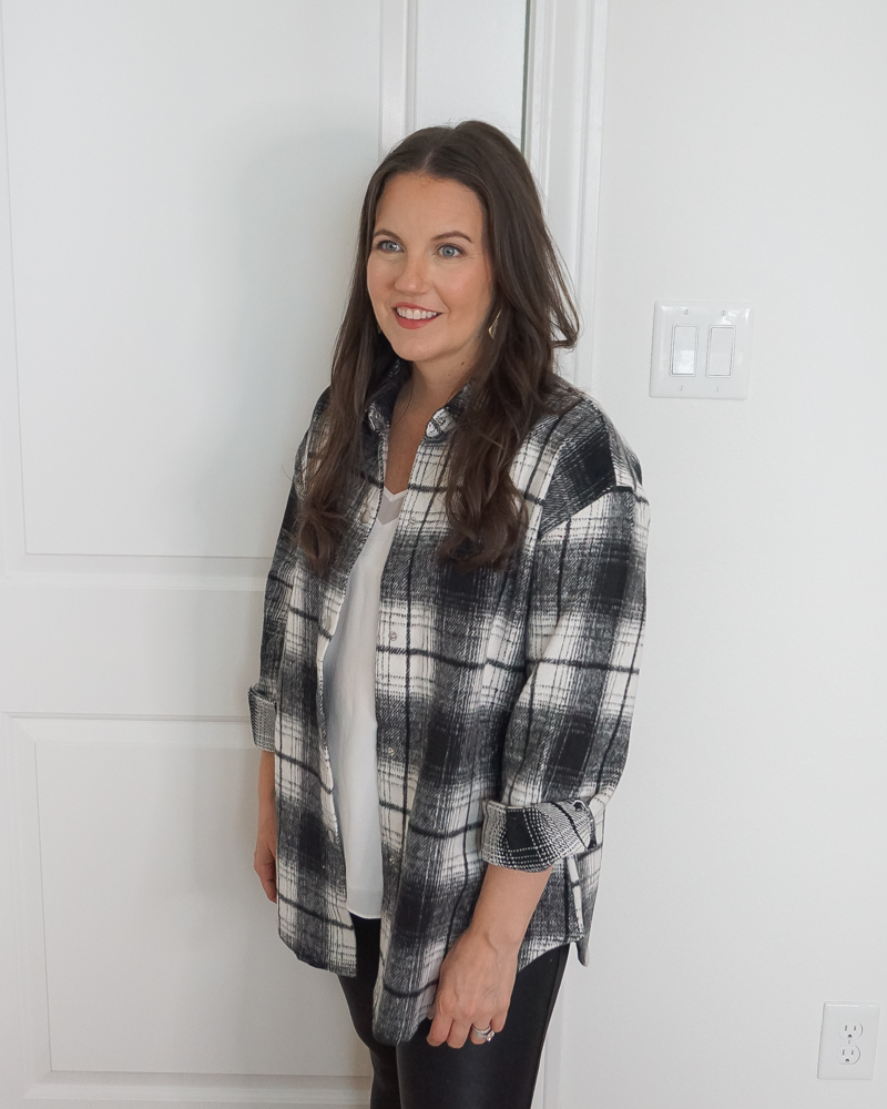 how to wear a shacket this winter | black plaid flannel | Petite Fashion Blogger Lady in Violet