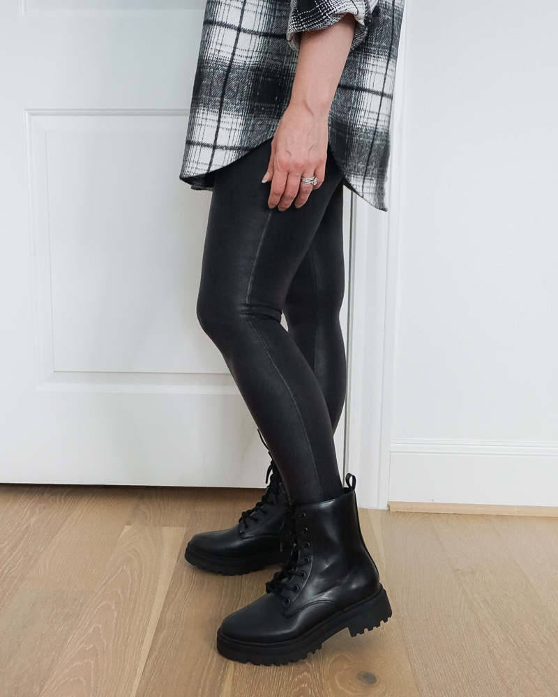 what to wear with leather leggings | black combat boots | Over 40 Fashion Blogger Lady in Violet