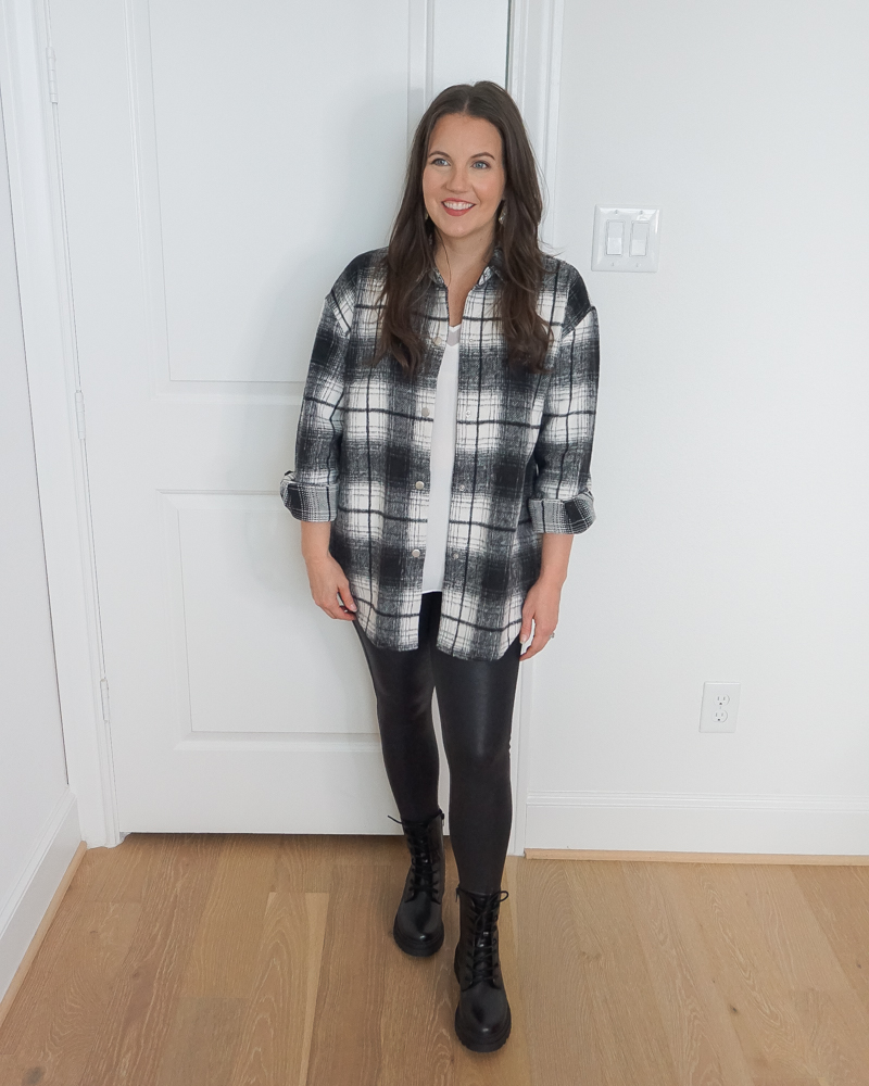 winter outfit idea | black white plaid jacket | spanx leather leggings | Everyday Style blog lady in violet
