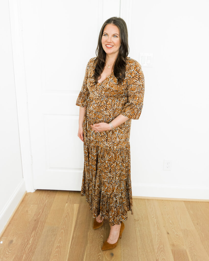 maternity outfits for the office | brown maternity dress | pregnancy fashion | Over 40 Fashion Blog Lady in Violet