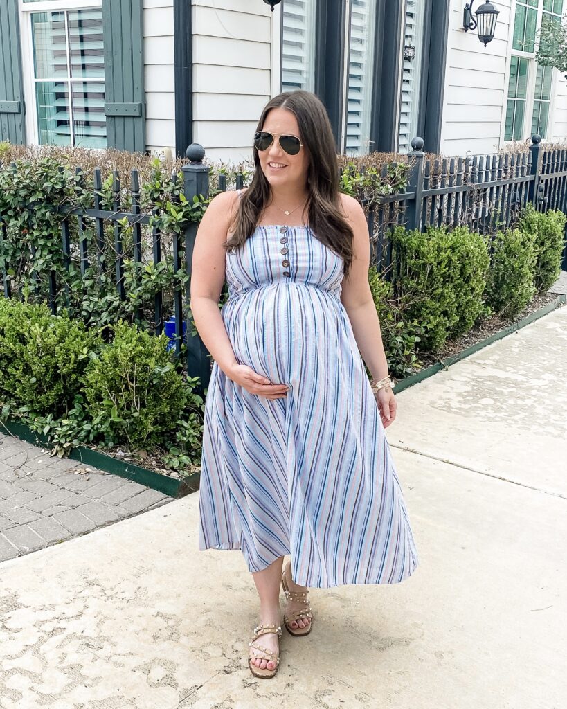 what to wear while pregnant | blue striped maternity dress | Lady in Violet Fashion Blog