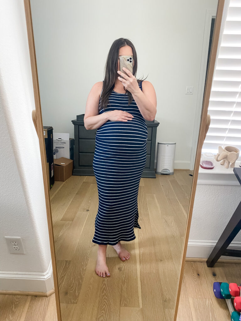 spring pregnancy outfit | navy striped maternity dress | Lady in Violet Style Blog