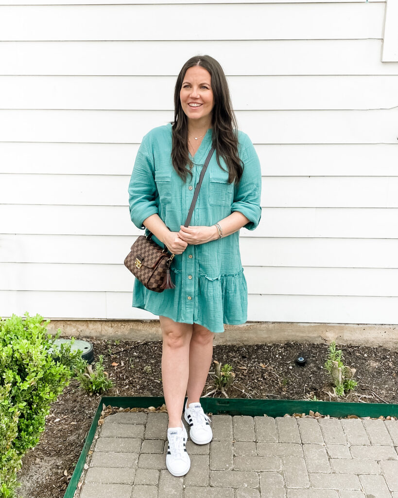 spring maternity outfit | teal pregnancy dress | Lady in Violet Personal Style Blog
