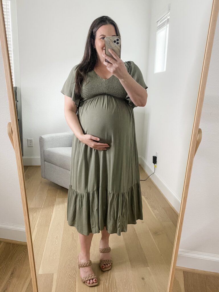 work friendly maternity dresses | olive green midi dress for pregnancy | Lady in Violet Fashion Blogger