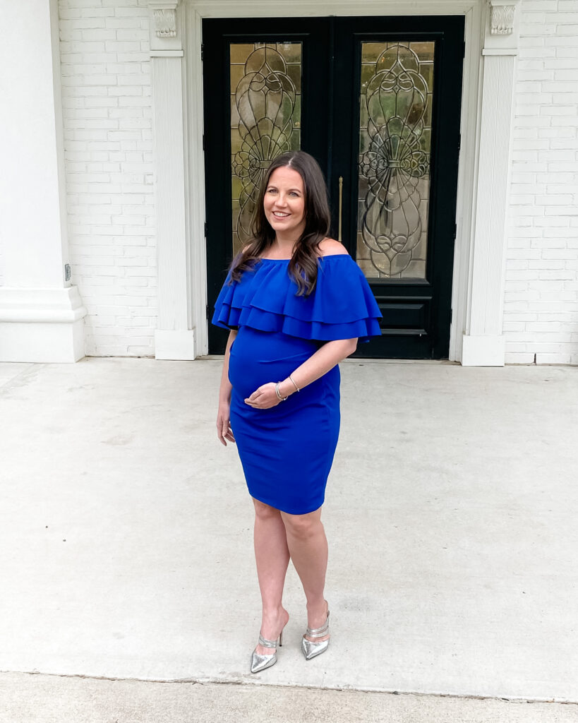 what to wear to a wedding when pregnant | blue maternity cocktail dress | Lady in Violet Fashion Over 40 Blogger