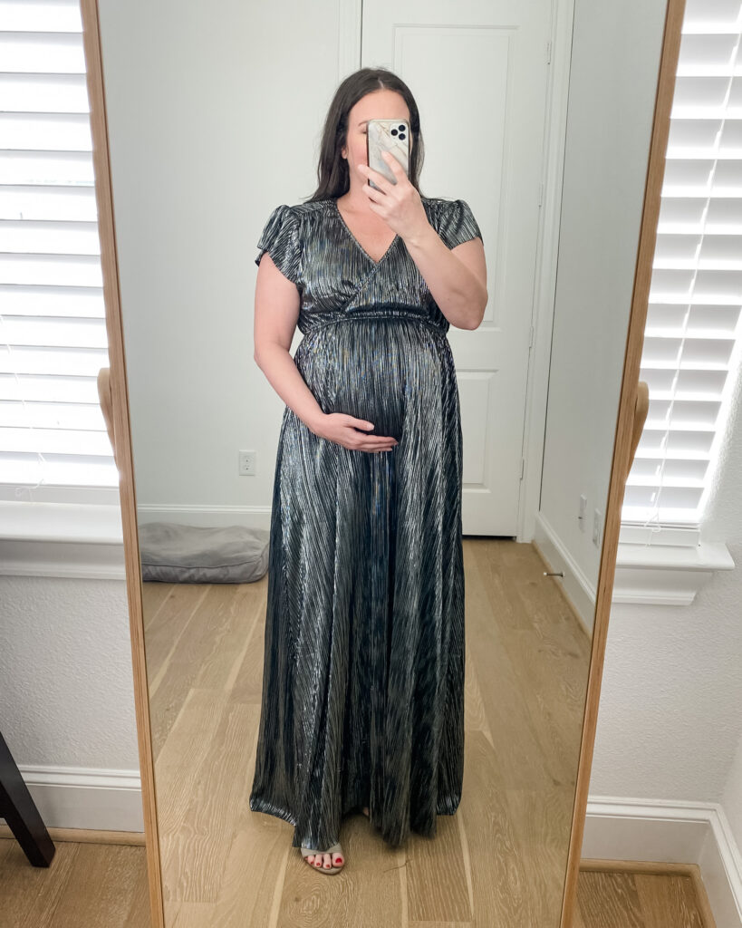 formal maternity dress | silver black maxi dress for wedding guest | Lady in Violet Fashion Blog