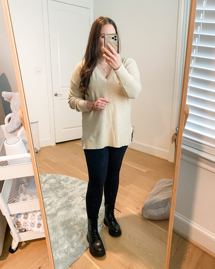 fall outfit idea | beige sweater | combat boots | Mom Fashion Blog Lady in Violet