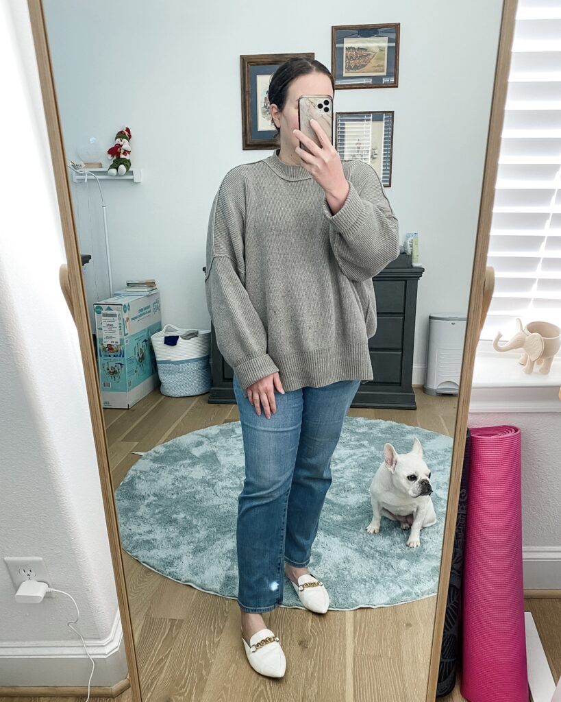 gray oversized sweater | petite jeans | Texas Fashion Blogger Lady in Violet