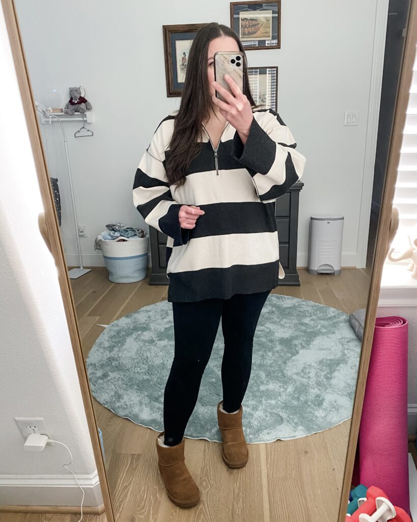 black white striped pullover sweater | black leggings | Petite Fashion Blog Lady in Violet