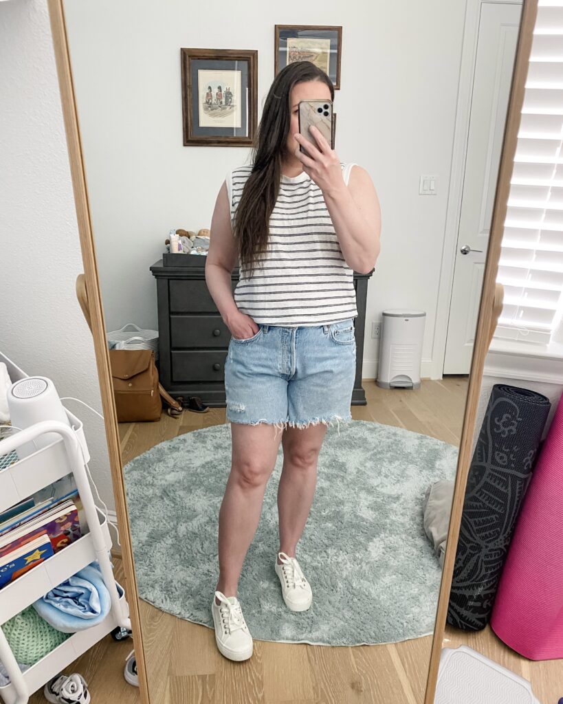 spring vacation outfit | denim shorts | white sneakers | Mom Style Blog Lady in Violet