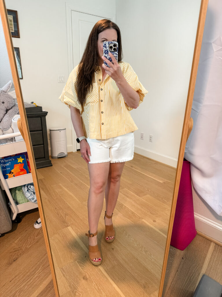 summer outfit | yellow striped blouse | white shorts | Petite Fashion Blogger Lady in Violet