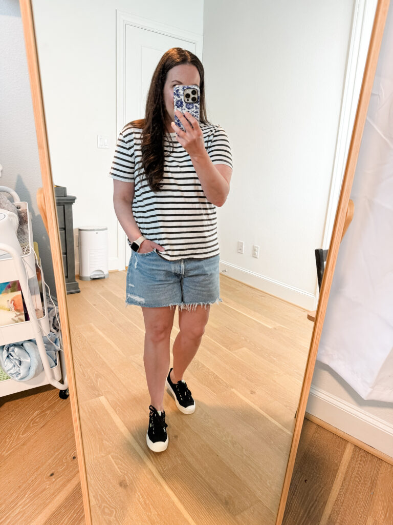 summer vacation outfit | striped tee | cutoff jean shorts | Petite Style Influencer Lady in Violet