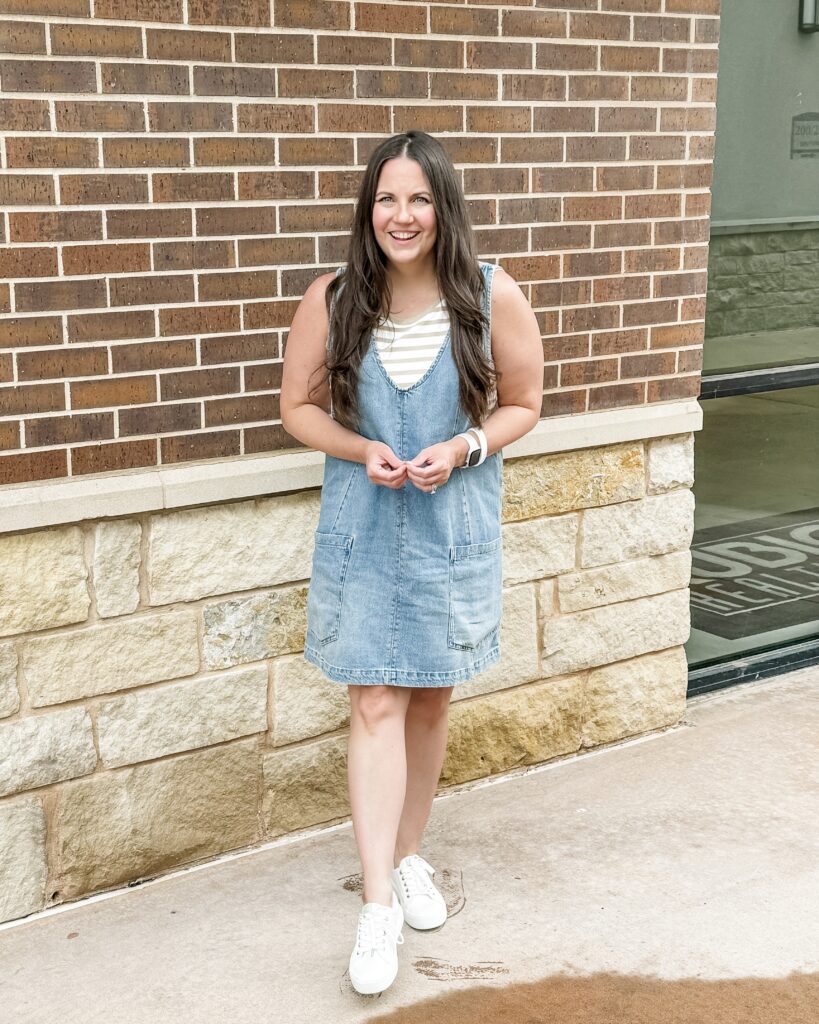 summer outfit | denim dress | striped tank top | Houston Fashion Influencer Lady in Violet