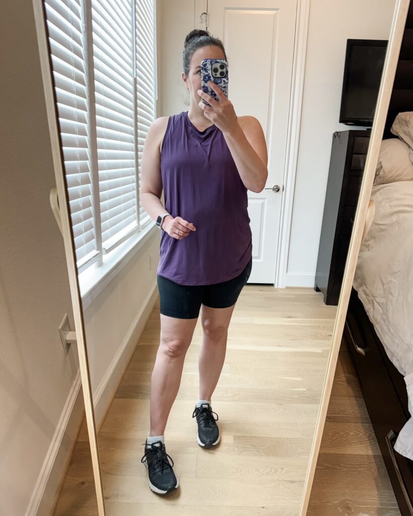 summer workout outfit | purple tank top | black biker shorts | Texas Lifestyle Blog Lady in Violet