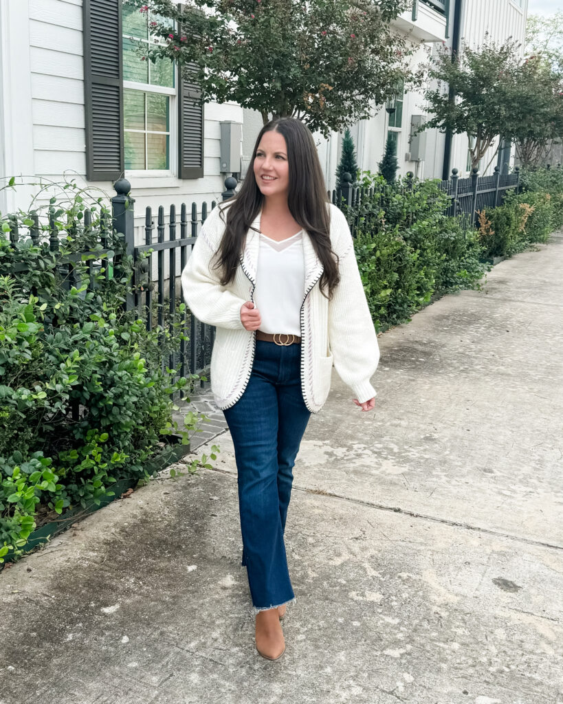 thanksgiving outfit | dark blue flared petite jeans | Texas Fashion Blogger Lady in Violet