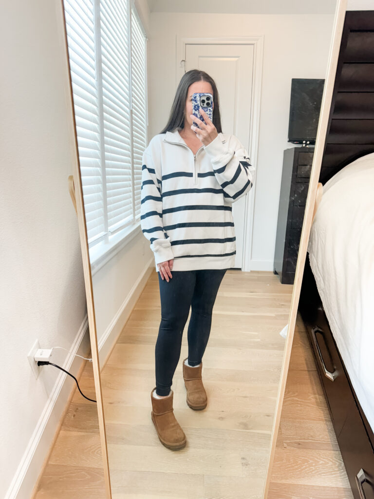 striped half zip pullover sweater | black leggings | US Fashion Blog Lady in Violet