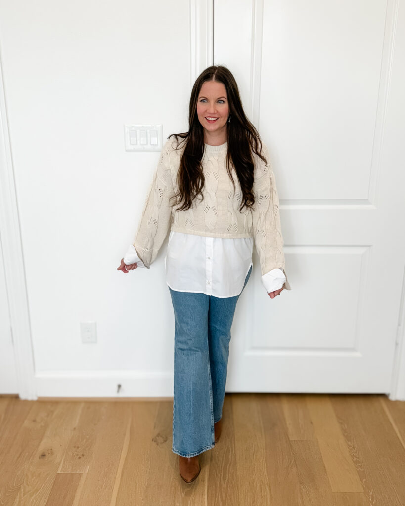 winter outfit | anthropologie twofer sweater | flared jeans | Houston Fashion Blog Lady in Violet