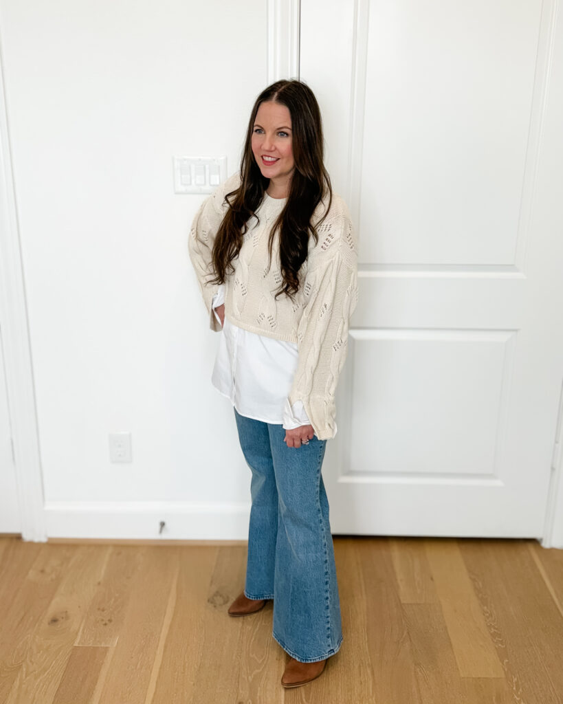 fall outfit | ivory cable knit sweater | petite flared jeans | Petite Style Blog Lady in Violet