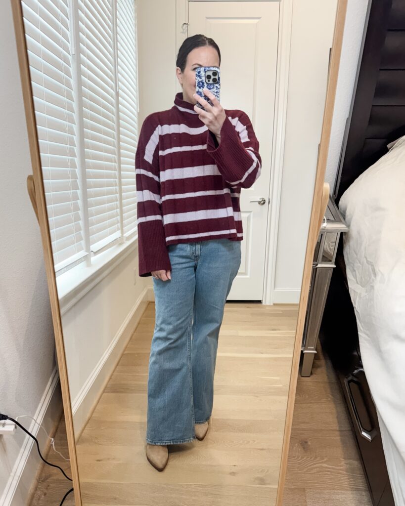 winter outfit | striped cashmere sweater | flared jeans | Petite Fashion Influencer Lady in Violet