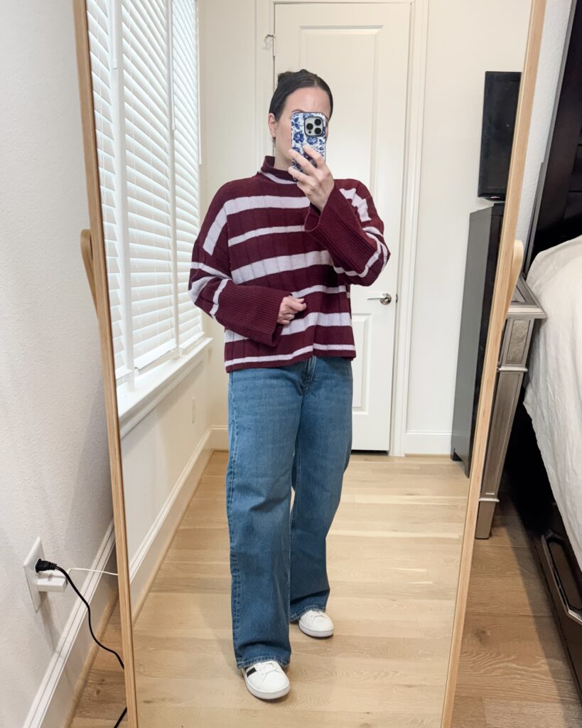 winter outfits | burgundy pink striped sweater | relaxed fit jeans | Texas Fashion Influencer Lady in Violet